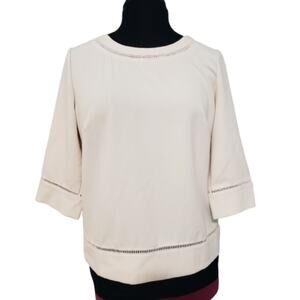 Norm Thompson Petite Cutout Eyelet Beige 3/4 Sleeve Button Keyhole Blouse